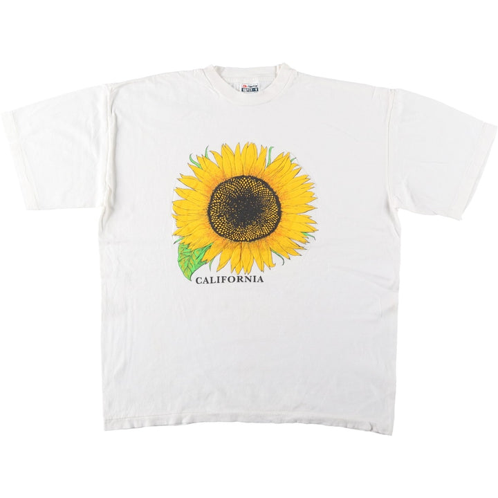90'S Hawks floral sunflower pattern printed T-shirt, men's size XL equivalent, vintage. cotton white type Vintage Second Hand