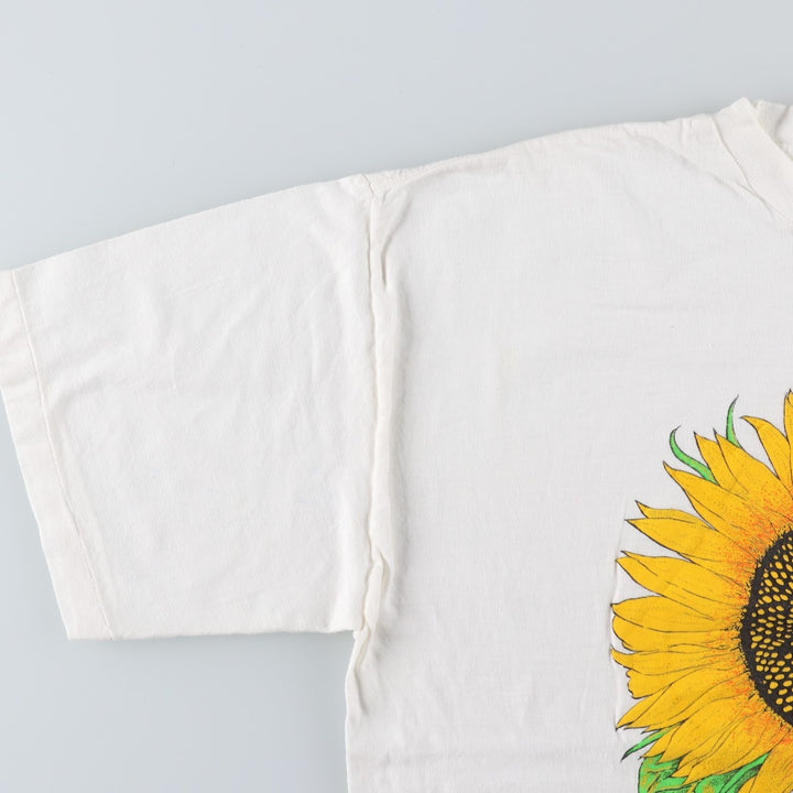 90'S Hawks floral sunflower pattern printed T-shirt, men's size XL equivalent, vintage. cotton white type Vintage Second Hand