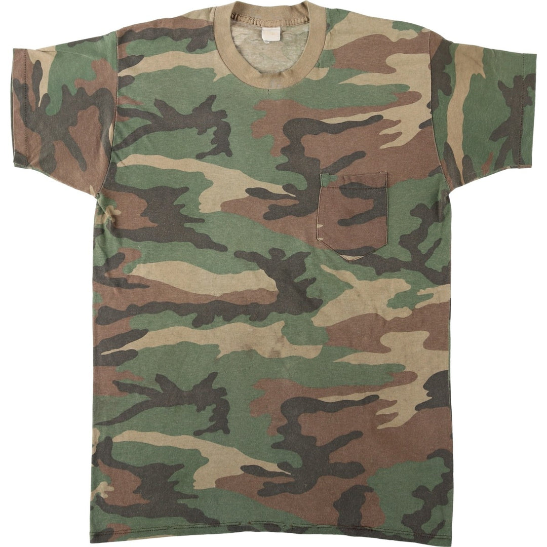 ~90'S 5050 Camouflage Pattern Woodland Camo Pocket T-Shirt Men's Size L (Equivalent) Vintage unclear Khaki type Vintage Second Hand