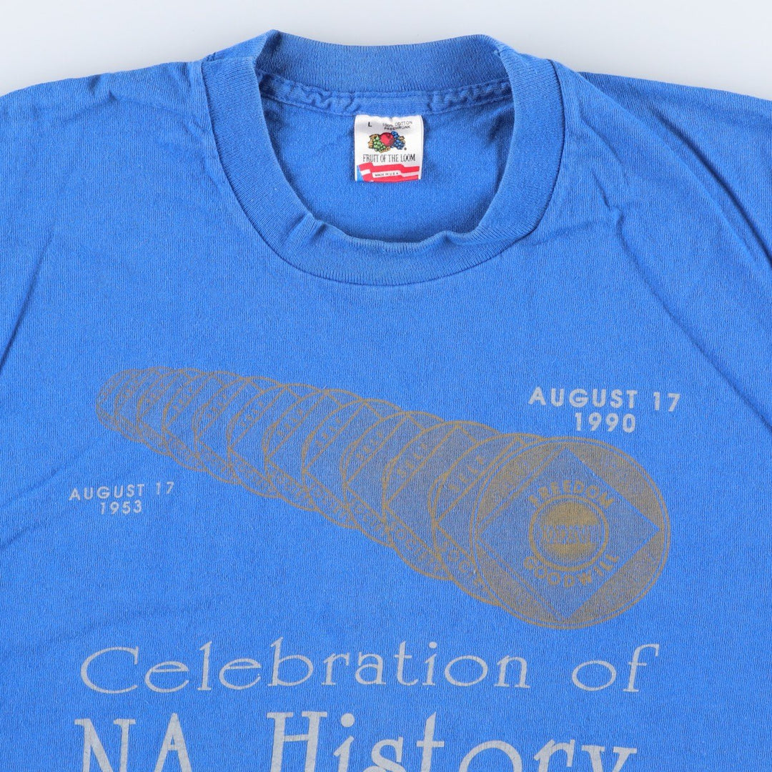 90'S Fruit of the Loom printed T-shirt, made in the USA, men's size L, vintage cotton blue type Vintage Second Hand