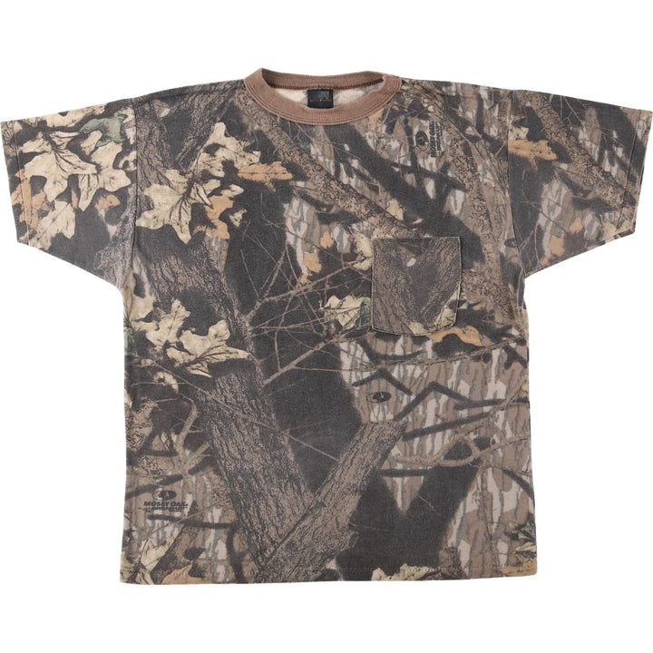 90'S ACE SPORTSWEAR Camouflage Pattern Real Tree Camo Pocket T-Shirt, Made in USA, Men's Size L (Equivalent), Vintage polyester Khaki type brown Vintage Second Hand