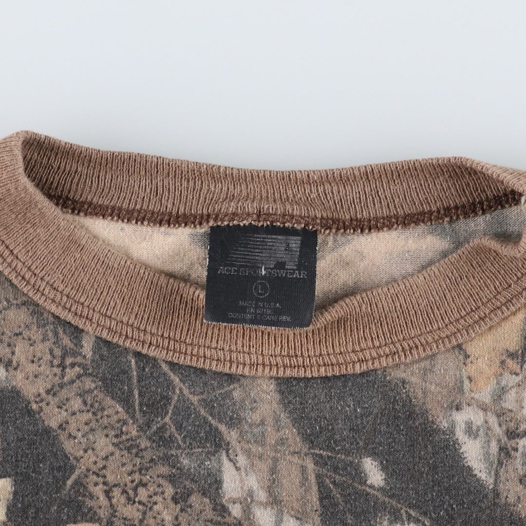 90'S ACE SPORTSWEAR Camouflage Pattern Real Tree Camo Pocket T-Shirt, Made in USA, Men's Size L (Equivalent), Vintage polyester Khaki type brown Vintage Second Hand