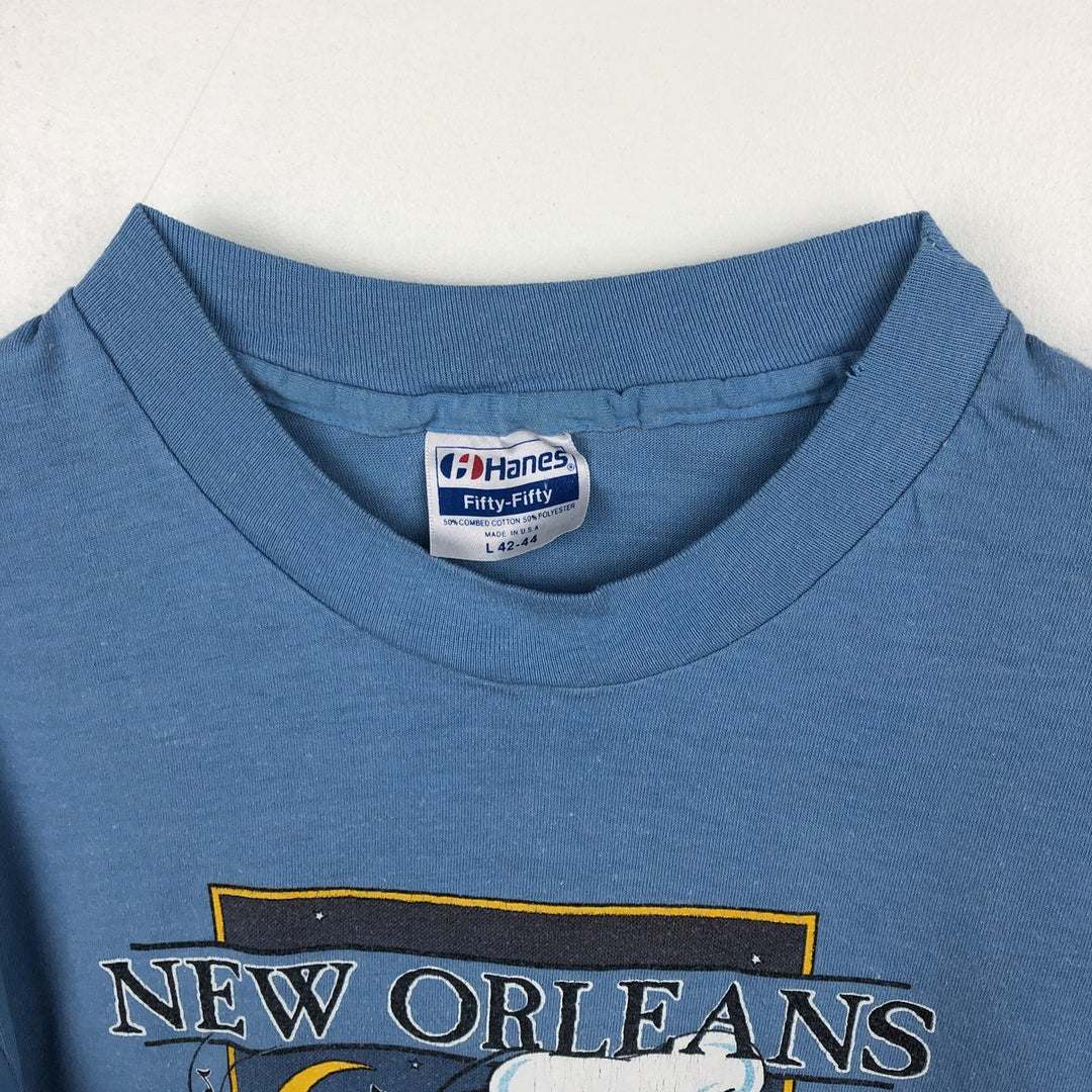 80'S Hanes Fifty-Fifty Blue Tag Printed T-Shirt, Made in USA, Men's Size L (approx.) cotton Blue type light blue Vintage Second Hand