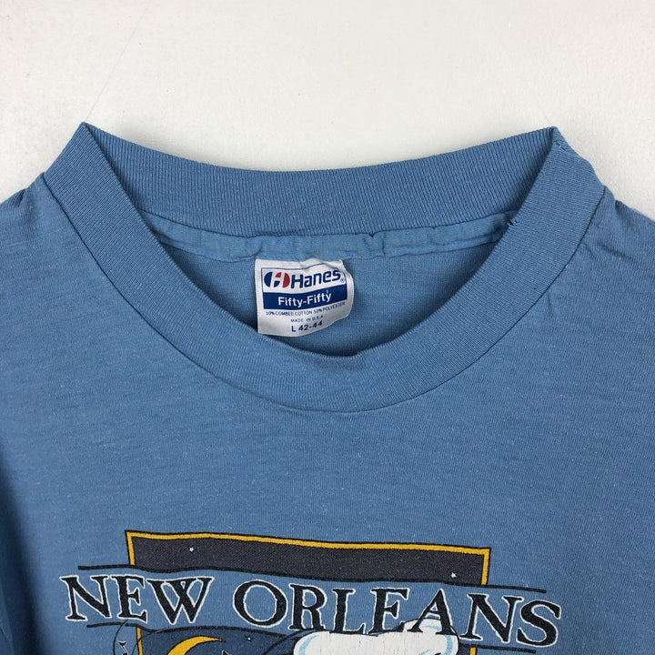 80'S Hanes Fifty-Fifty Blue Tag Printed T-Shirt, Made in USA, Men's Size L (approx.) cotton Blue type light blue Vintage Second Hand