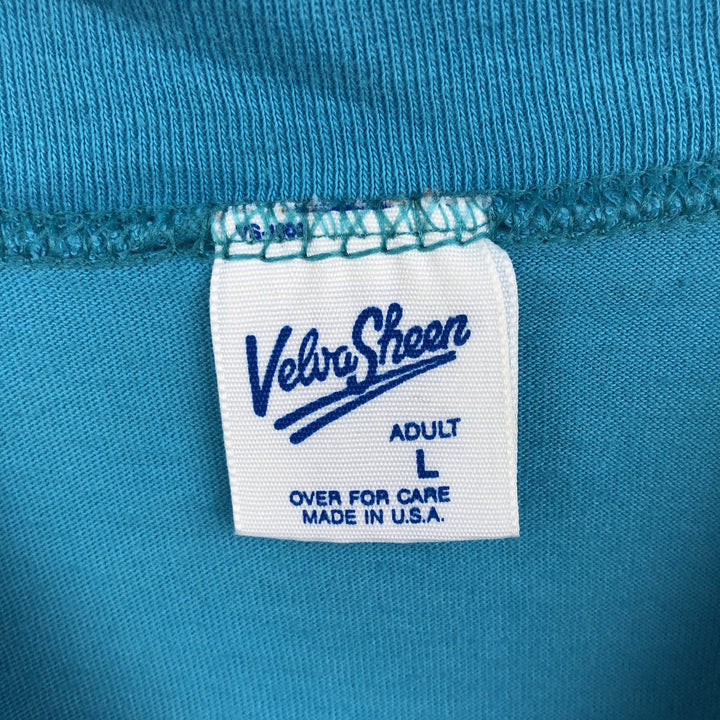 90'S Velva Sheen Print T-Shirt, Made in USA, Men's Size L (Equivalent), Vintage polyester Blue type light blue Vintage Second Hand