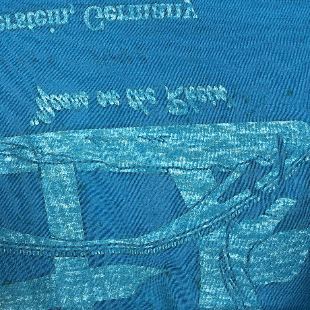 90'S Velva Sheen Print T-Shirt, Made in USA, Men's Size L (Equivalent), Vintage polyester Blue type light blue Vintage Second Hand