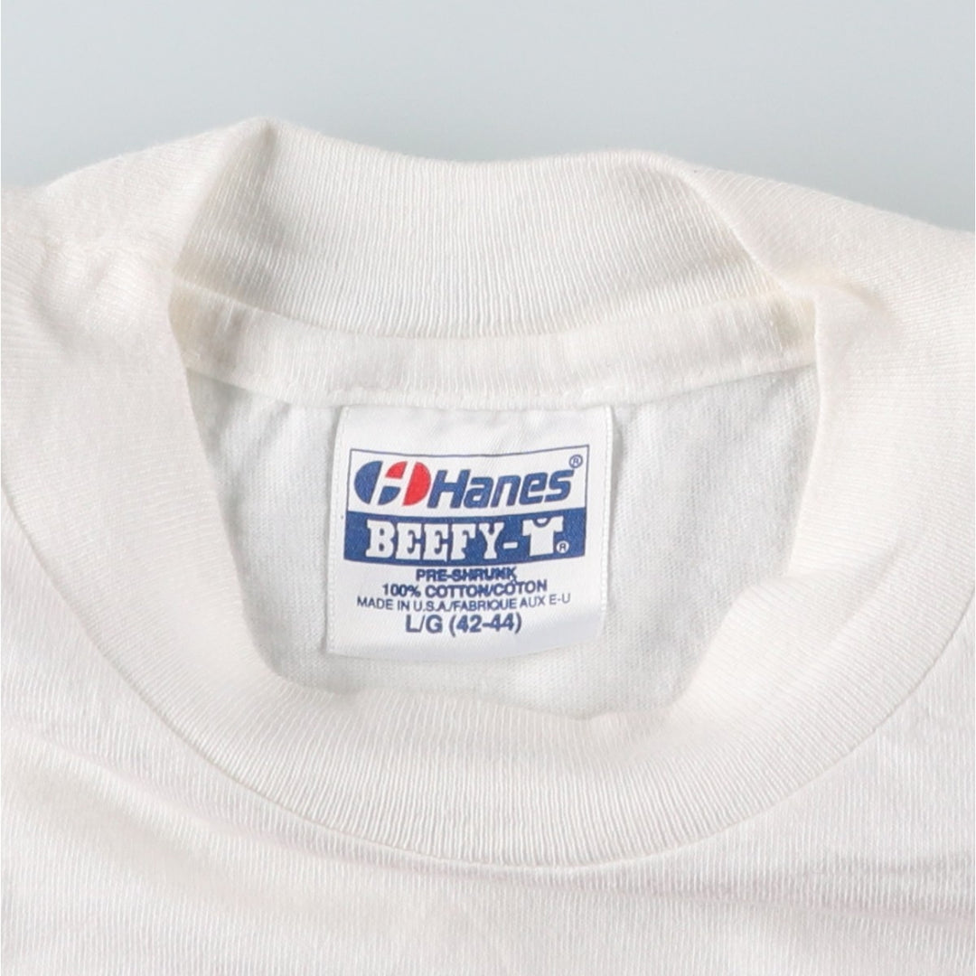 90'S Hanes BEEFY-T Blue Tag Message Print T-Shirt, Made in USA, Men's Size L (Equivalent), Vintage cotton white type Vintage Second Hand