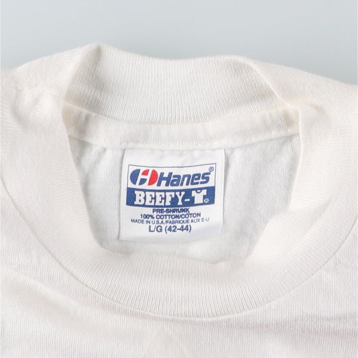 90'S Hanes BEEFY-T Blue Tag Message Print T-Shirt, Made in USA, Men's Size L (Equivalent), Vintage cotton white type Vintage Second Hand