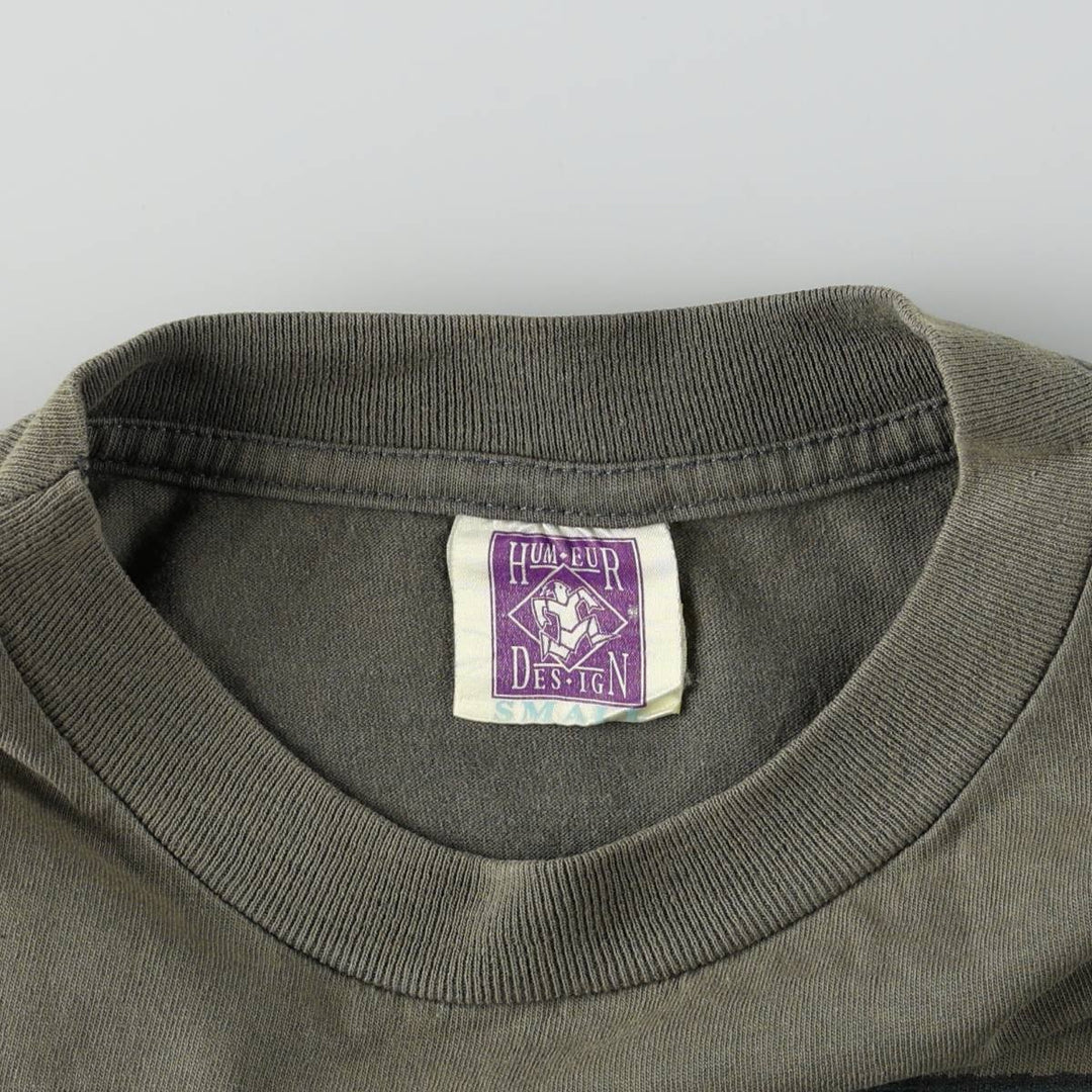 90'S HUMEUR DESIGN printed T-shirt, made in Canada, men's size S equivalent. cotton Khaki type Vintage Second Hand