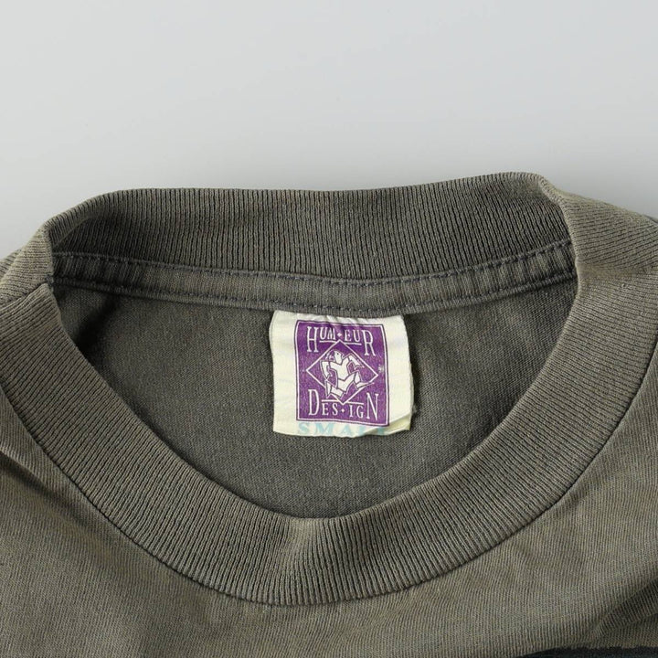 90'S HUMEUR DESIGN printed T-shirt, made in Canada, men's size S equivalent. cotton Khaki type Vintage Second Hand