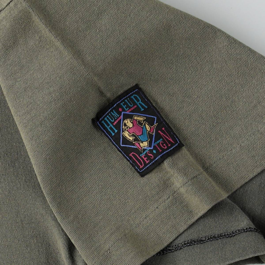 90'S HUMEUR DESIGN printed T-shirt, made in Canada, men's size S equivalent. cotton Khaki type Vintage Second Hand