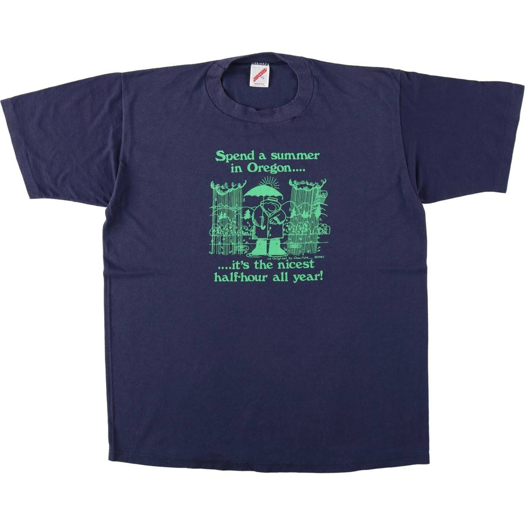 80'S Jerzees Print T-Shirt, Made in USA, Men's XL equivalent, Vintage cotton navy blue type Vintage Second Hand