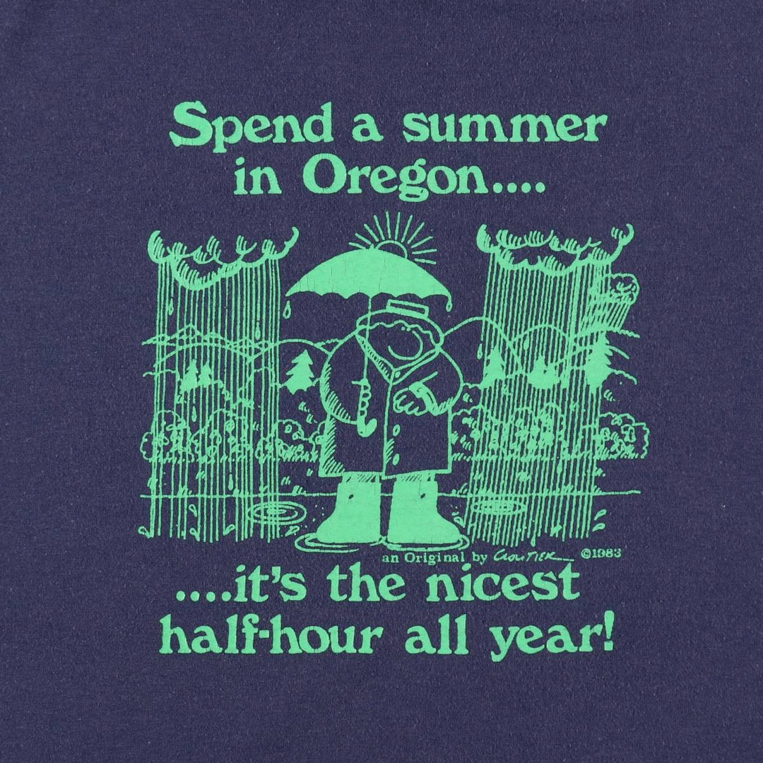 80'S Jerzees Print T-Shirt, Made in USA, Men's XL equivalent, Vintage cotton navy blue type Vintage Second Hand