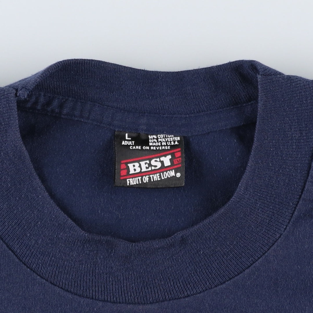 90'S Fruit of the Loom Best Printed T-shirt, Made in USA, Men's L size, Vintage cotton navy blue type Vintage Second Hand