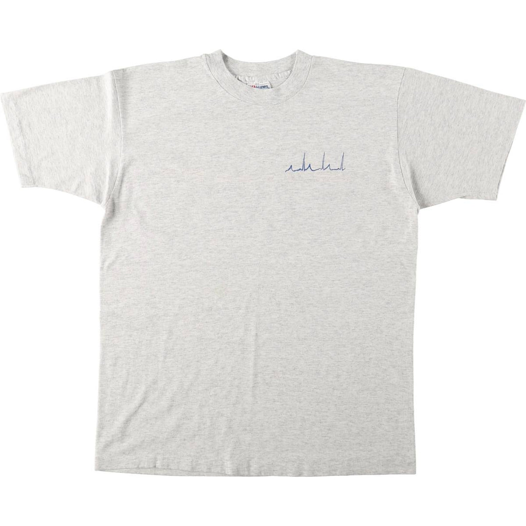 80'S Hanes Fifty-Fifty Blue Tag Printed T-Shirt Made in USA Men's L Size Vintage cotton white type Vintage Second Hand