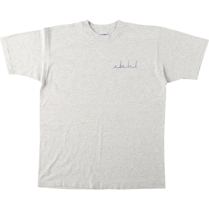 80'S Hanes Fifty-Fifty Blue Tag Printed T-Shirt Made in USA Men's L Size Vintage cotton white type Vintage Second Hand