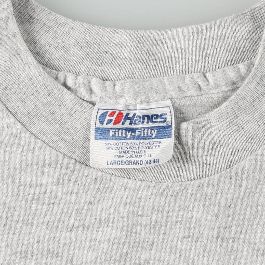 80'S Hanes Fifty-Fifty Blue Tag Printed T-Shirt Made in USA Men's L Size Vintage cotton white type Vintage Second Hand