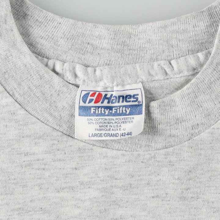 80'S Hanes Fifty-Fifty Blue Tag Printed T-Shirt Made in USA Men's L Size Vintage cotton white type Vintage Second Hand
