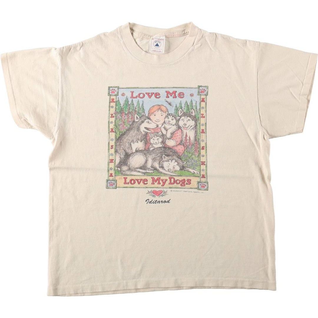 90'S Delta (DELTA) Dog Print T-Shirt, Made in USA, Men's XL (approx.) Vintage cotton Beige type Vintage Second Hand