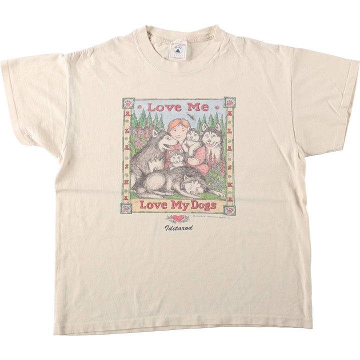 90'S Delta (DELTA) Dog Print T-Shirt, Made in USA, Men's XL (approx.) Vintage cotton Beige type Vintage Second Hand
