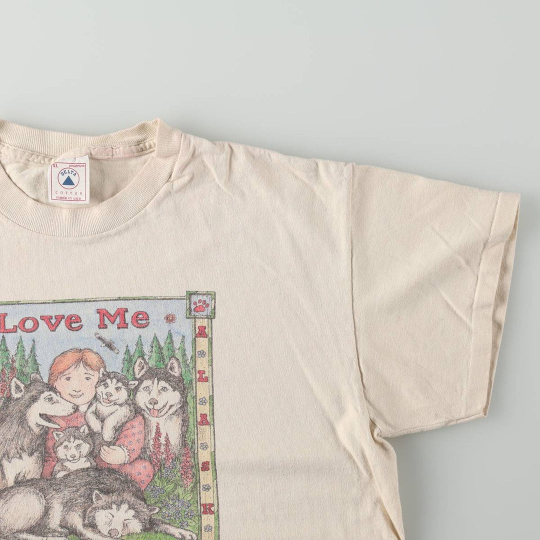 90'S Delta (DELTA) Dog Print T-Shirt, Made in USA, Men's XL (approx.) Vintage cotton Beige type Vintage Second Hand