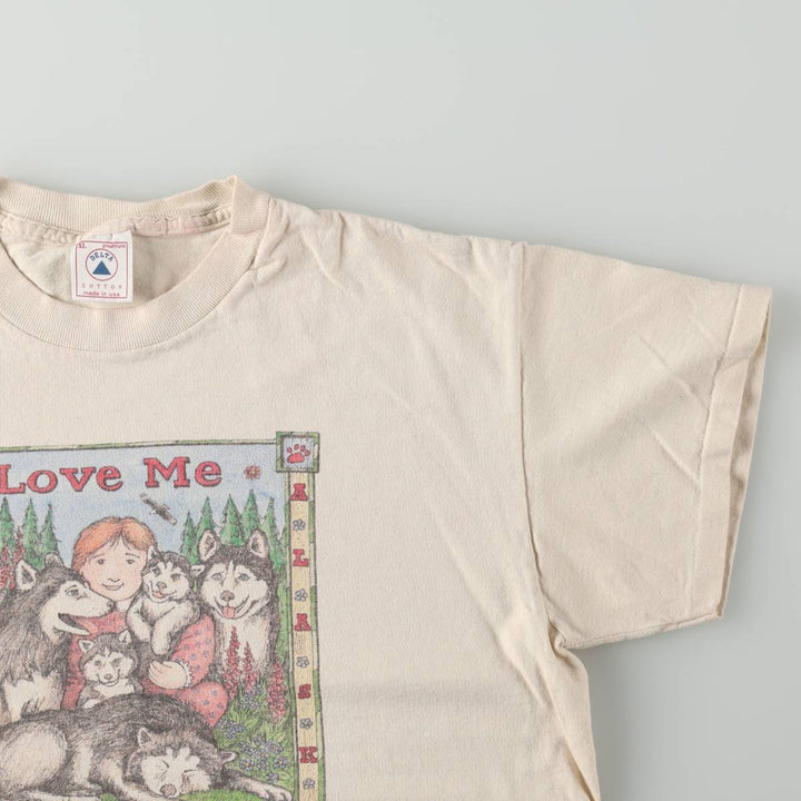 90'S Delta (DELTA) Dog Print T-Shirt, Made in USA, Men's XL (approx.) Vintage cotton Beige type Vintage Second Hand