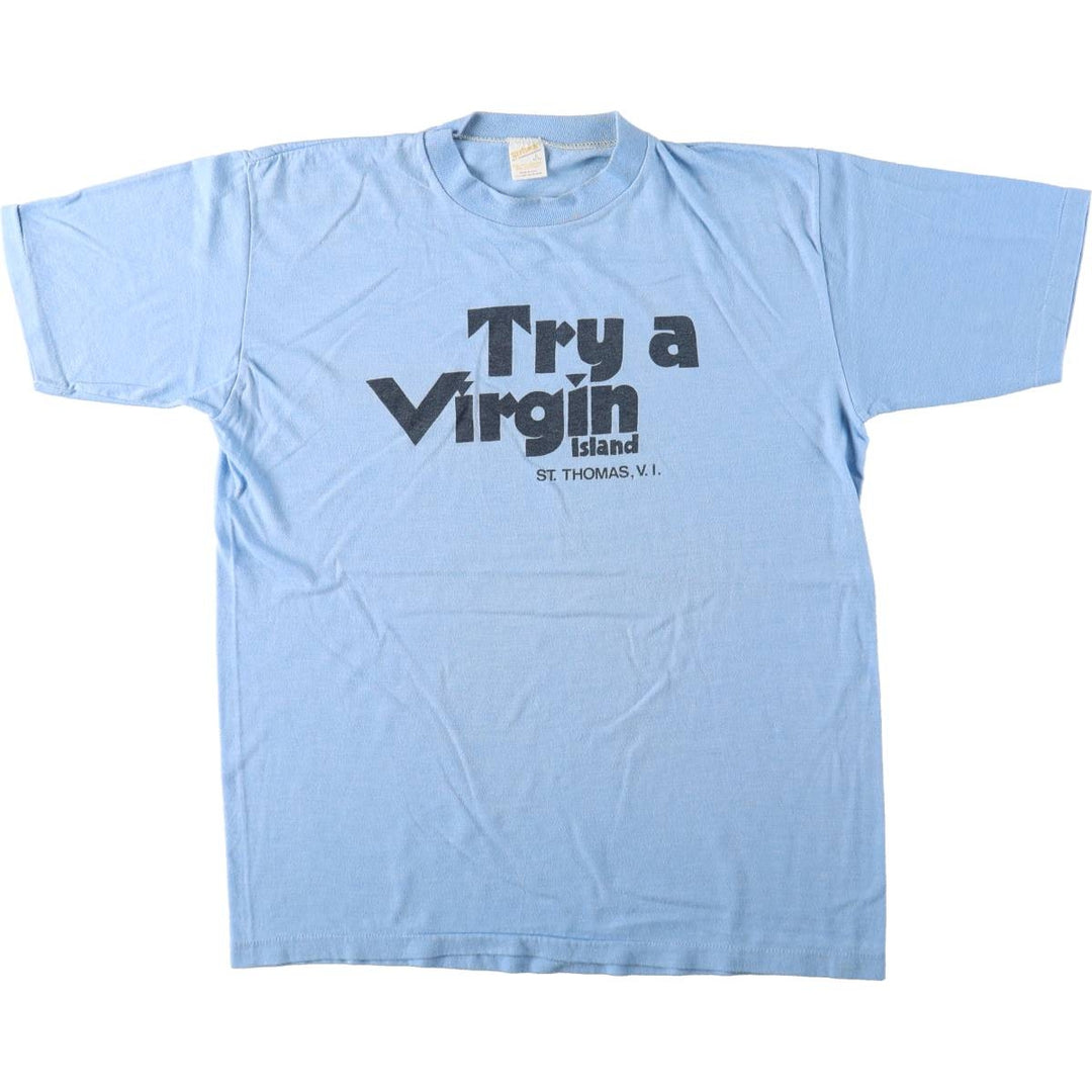 80'S sportswear print t-shirt, made in USA, men's size L equivalent, vintage. cotton Blue type light blue Vintage Second Hand