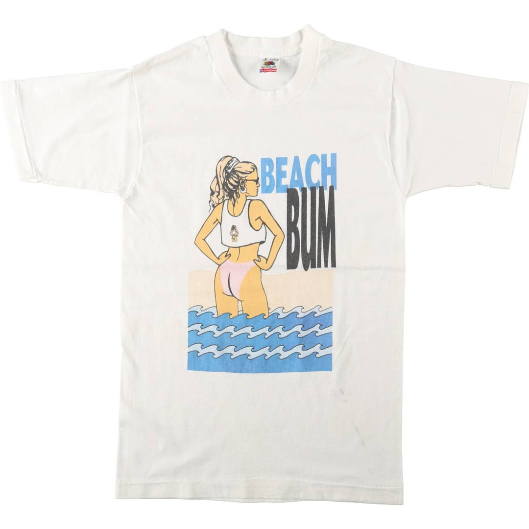 90'S Fruit of the Loom Print T-Shirt, Made in USA, Men's Size S (Equivalent), Vintage cotton white type Vintage Second Hand