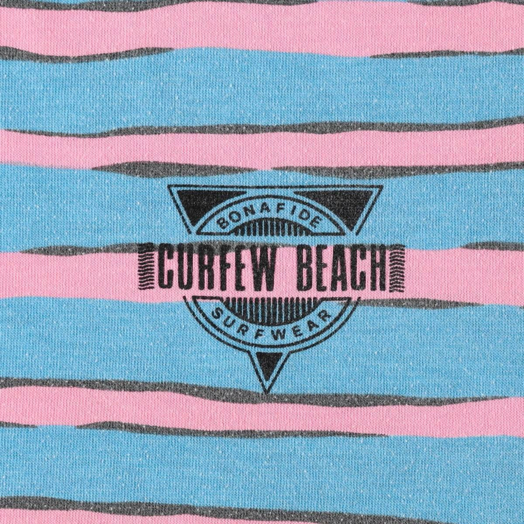 Curfew Beach Border Pattern Print T-Shirt (Men's Size S) polyester Blue type light blue Vintage Second Hand