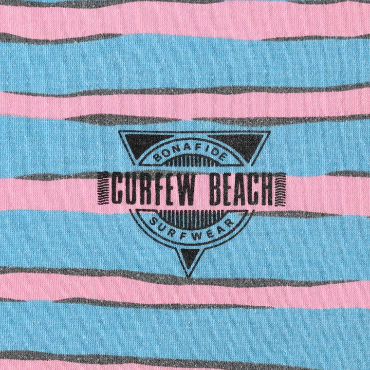 Curfew Beach Border Pattern Print T-Shirt (Men's Size S) polyester Blue type light blue Vintage Second Hand