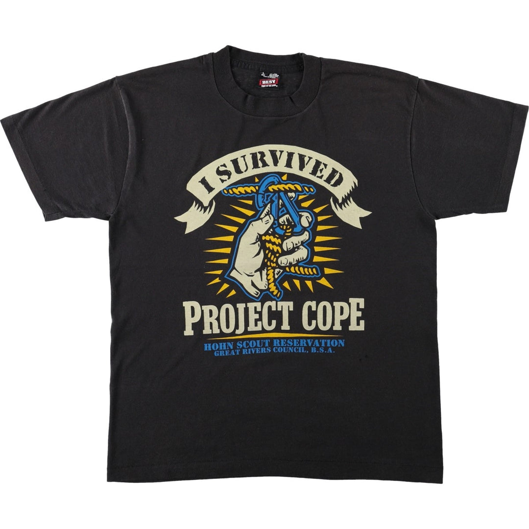90'S Fruit of the Loom Best Printed T-shirt, Made in USA, Men's L size, Vintage cotton black type Vintage Second Hand