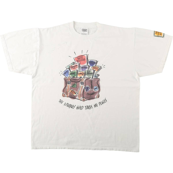 NICE MAN THE LITERARY GUILD Print T-Shirt, Made in USA, Men's Size XL (approx.) cotton white type Vintage Second Hand