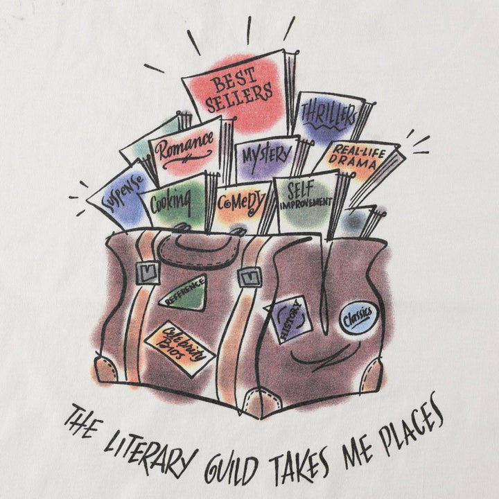 NICE MAN THE LITERARY GUILD Print T-Shirt, Made in USA, Men's Size XL (approx.) cotton white type Vintage Second Hand