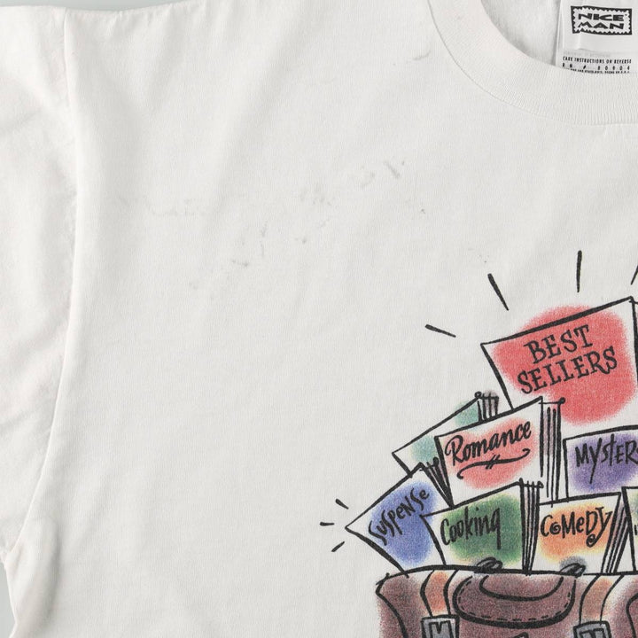 NICE MAN THE LITERARY GUILD Print T-Shirt, Made in USA, Men's Size XL (approx.) cotton white type Vintage Second Hand