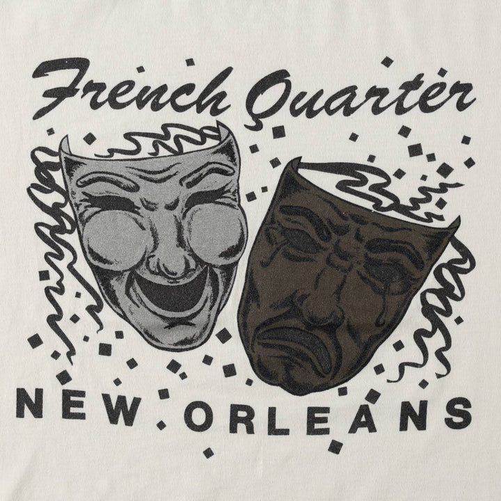 AMERICA Comedy and Tragedy Mask Print T-Shirt, Made in USA, Men's Size S (Equivalent), Vintage cotton white type Vintage Second Hand
