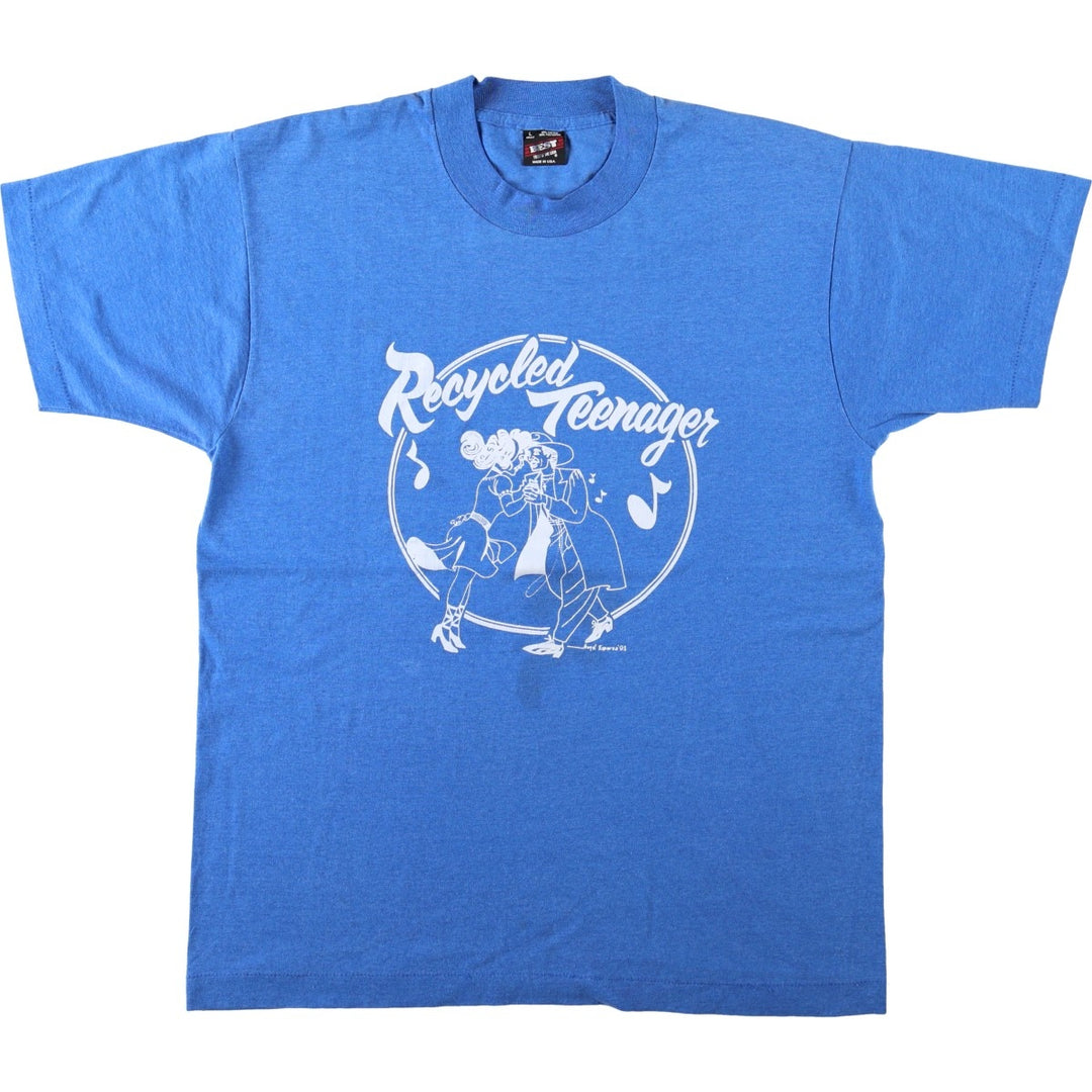 90'S Fruit of the Loom Best Printed T-shirt, Made in USA, Men's L size, Vintage cotton blue type Vintage Second Hand