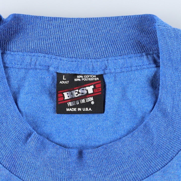 90'S Fruit of the Loom Best Printed T-shirt, Made in USA, Men's L size, Vintage cotton blue type Vintage Second Hand