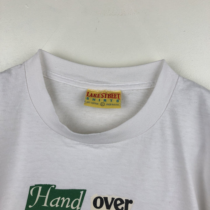 90'S Lake Street Message Print T-Shirt, Made in USA, Men's Size L (Equivalent), Vintage cotton white type Vintage Second Hand
