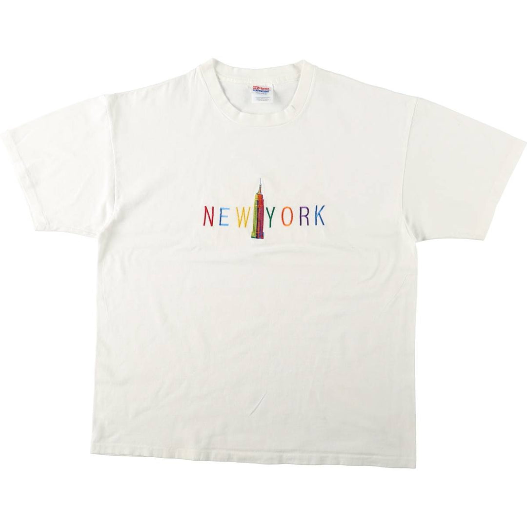 90'S Hanes Heavyweight Embroidered T-Shirt, Made in USA, Men's XL equivalent, Vintage cotton white type Vintage Second Hand