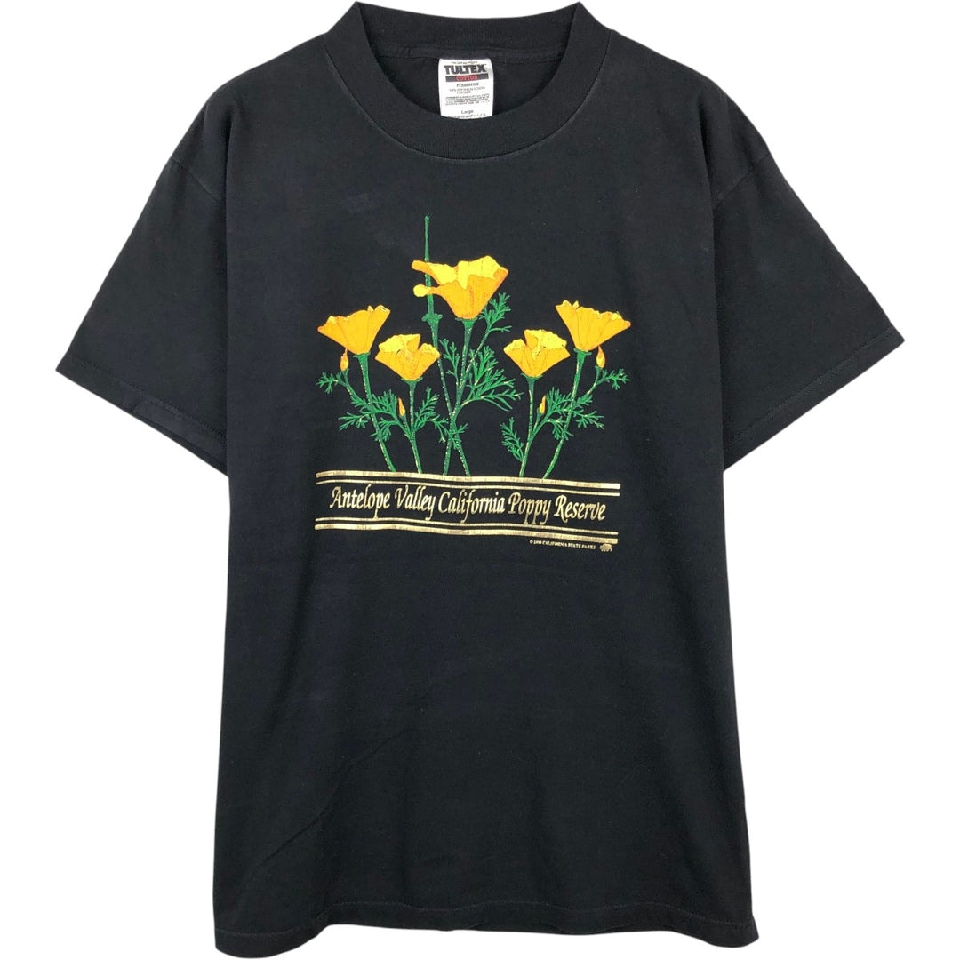 90'S TULTEX floral print T-shirt, men's size L equivalent, vintage. cotton black type Vintage Second Hand