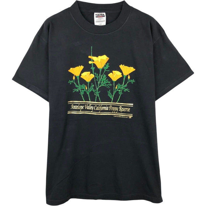 90'S TULTEX floral print T-shirt, men's size L equivalent, vintage. cotton black type Vintage Second Hand