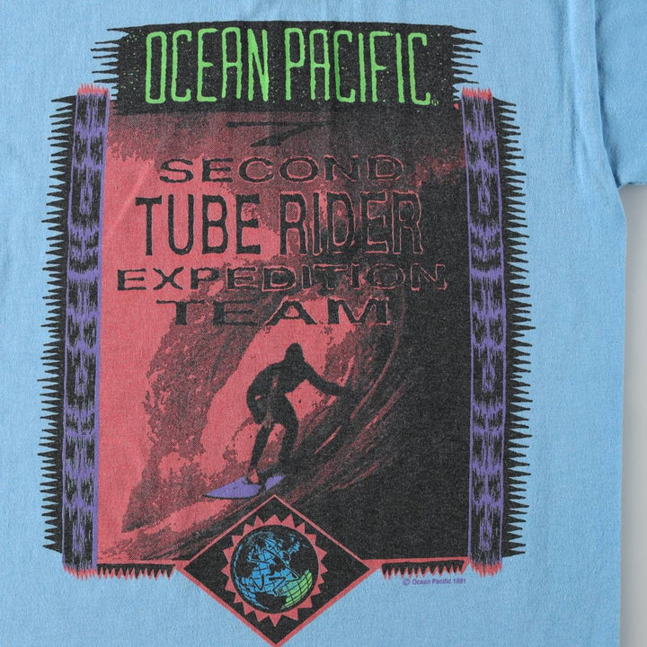 90'S Ocean Pacific Silver Tag Surf Skate T-Shirt, Made in USA, Men's Size L (Equivalent), Vintage cotton Blue type light blue Vintage Second Hand