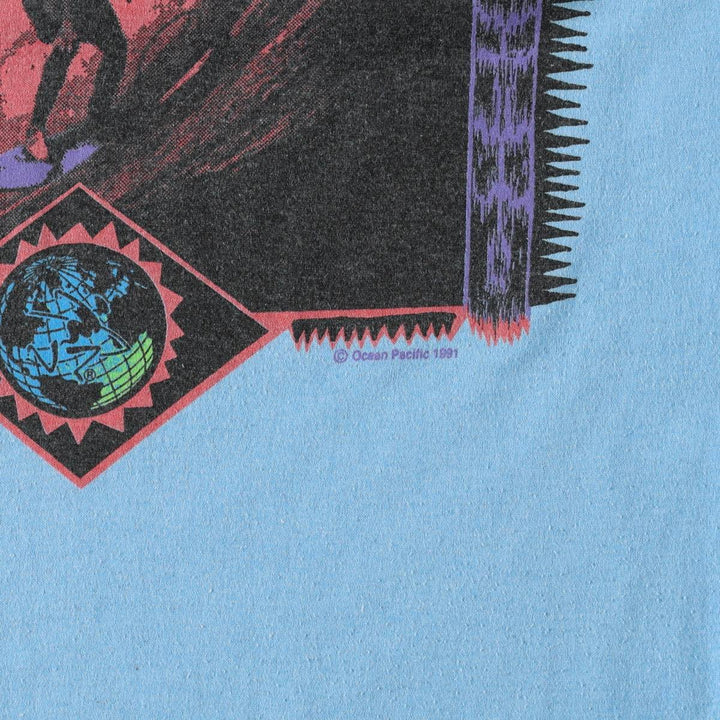 90'S Ocean Pacific Silver Tag Surf Skate T-Shirt, Made in USA, Men's Size L (Equivalent), Vintage cotton Blue type light blue Vintage Second Hand
