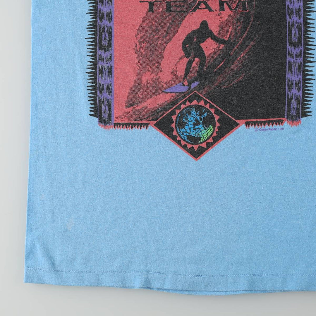 90'S Ocean Pacific Silver Tag Surf Skate T-Shirt, Made in USA, Men's Size L (Equivalent), Vintage cotton Blue type light blue Vintage Second Hand