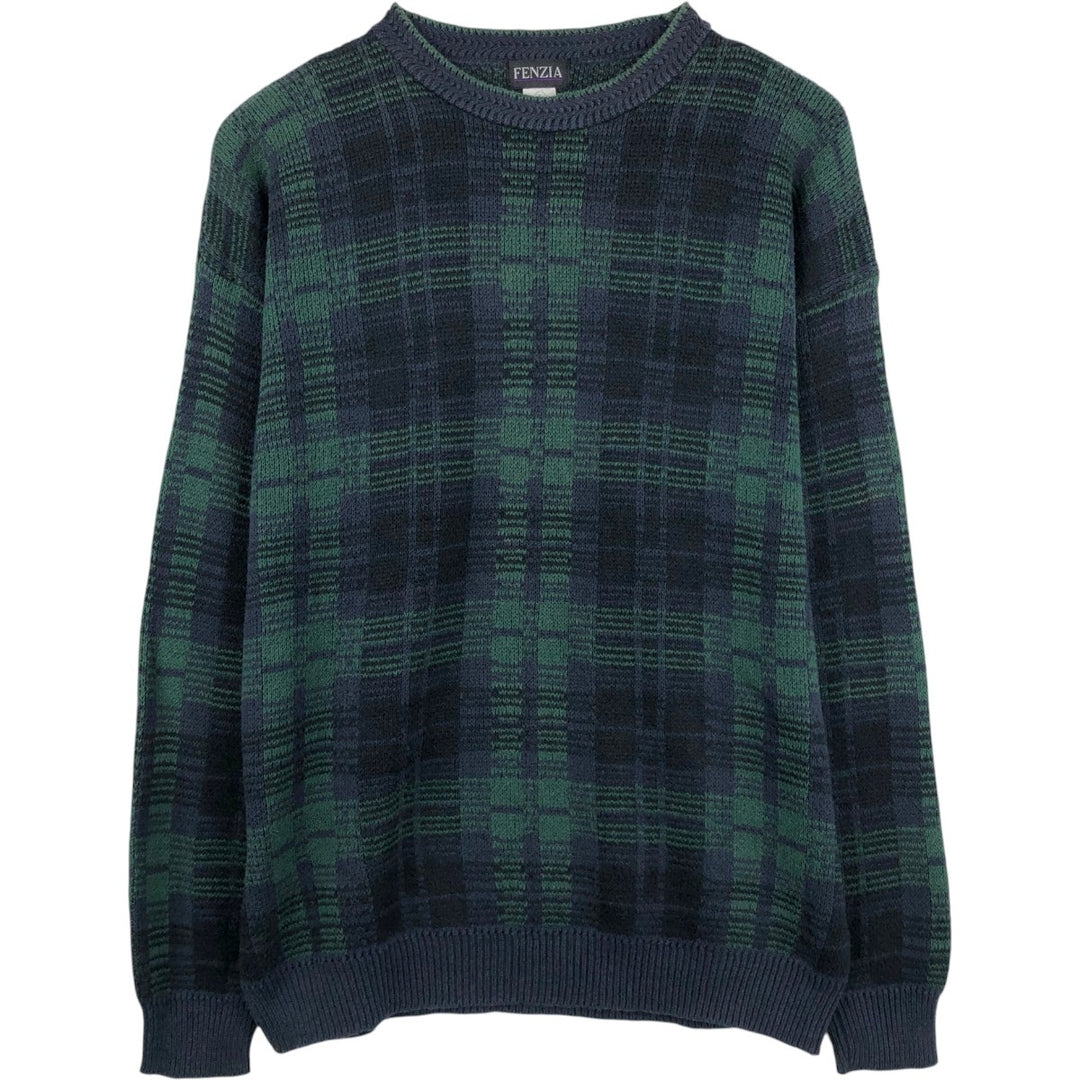 FENZIA Black Watch Check Cotton Knit Sweater, Made in USA, Men's Size XL (approx.) cotton green type Vintage Second Hand