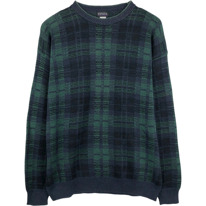 FENZIA Black Watch Check Cotton Knit Sweater, Made in USA, Men's Size XL (approx.) cotton green type Vintage Second Hand