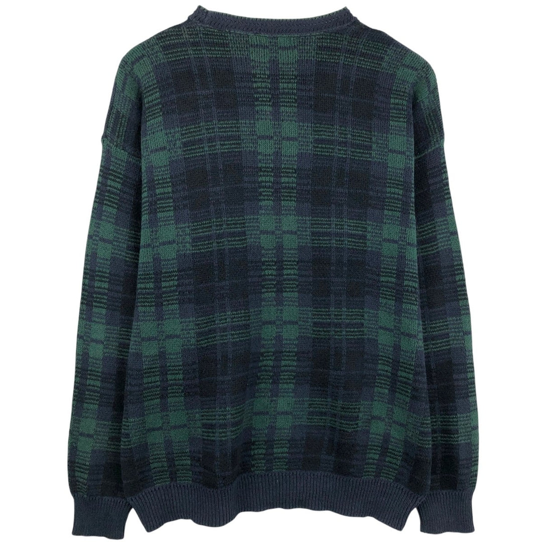 FENZIA Black Watch Check Cotton Knit Sweater, Made in USA, Men's Size XL (approx.) cotton green type Vintage Second Hand