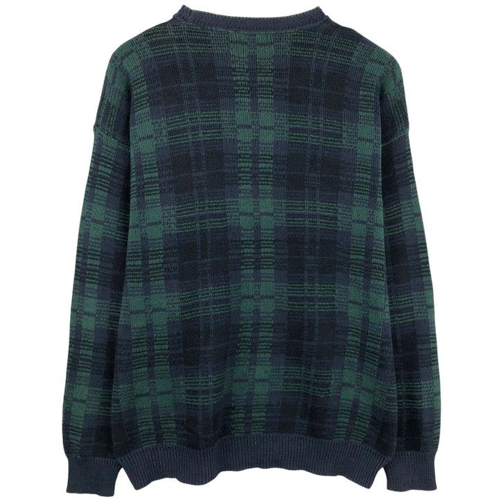 FENZIA Black Watch Check Cotton Knit Sweater, Made in USA, Men's Size XL (approx.) cotton green type Vintage Second Hand