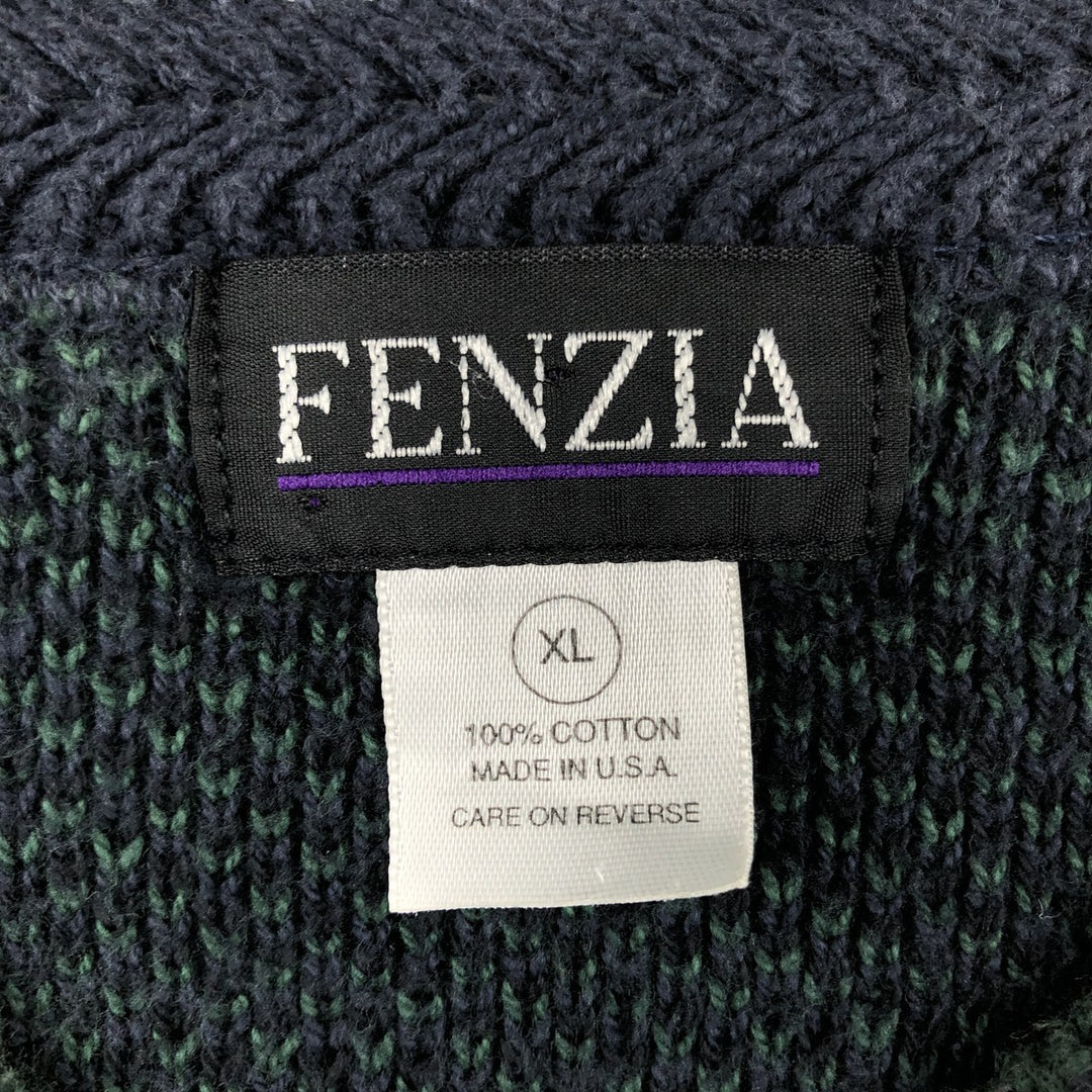 FENZIA Black Watch Check Cotton Knit Sweater, Made in USA, Men's Size XL (approx.) cotton green type Vintage Second Hand