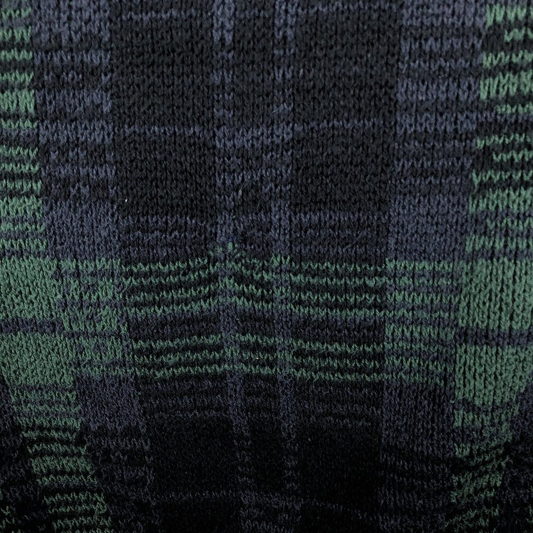 FENZIA Black Watch Check Cotton Knit Sweater, Made in USA, Men's Size XL (approx.) cotton green type Vintage Second Hand